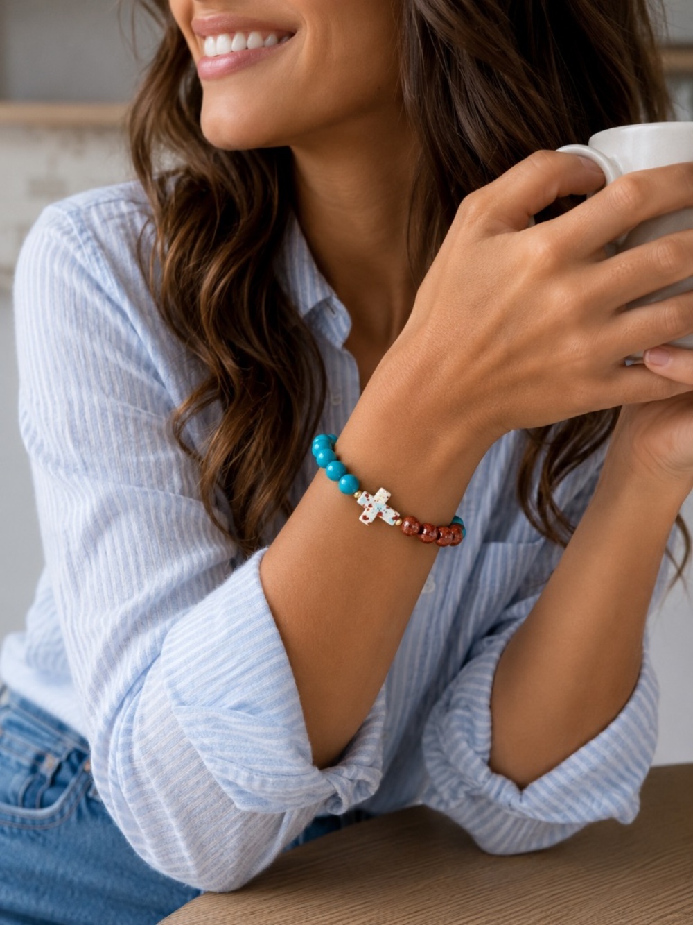 {Handmade} Turquoise and Brown Beaded Bracelet with Cross Charm